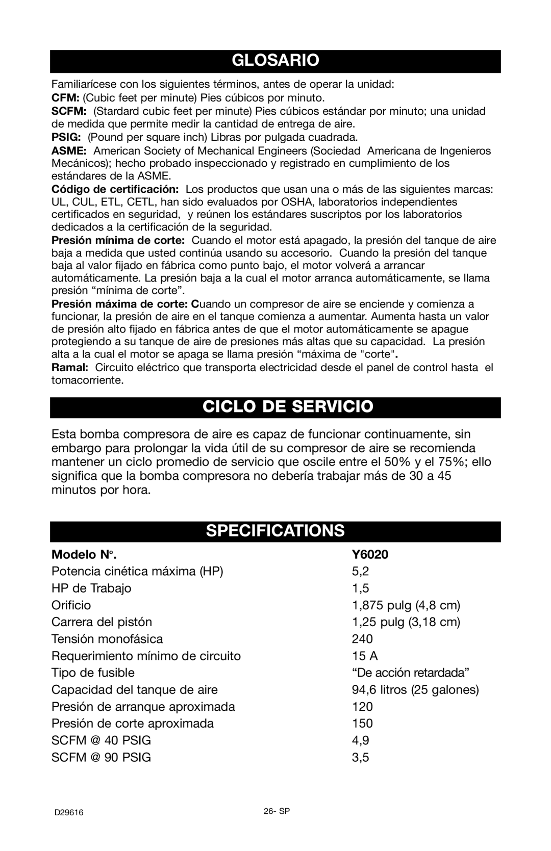 Husky D29616 manual Glosario, Ciclo DE Servicio, Modelo No Y6020 