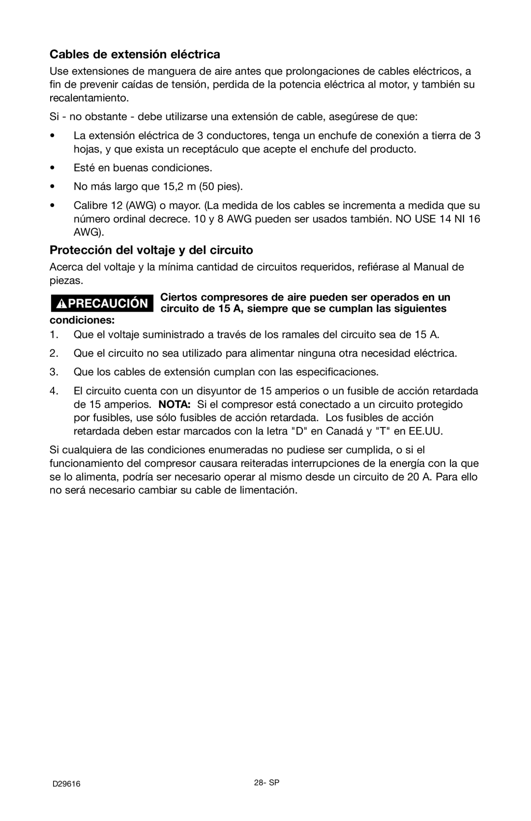 Husky D29616 manual Cables de extensión eléctrica, Protección del voltaje y del circuito, Condiciones 