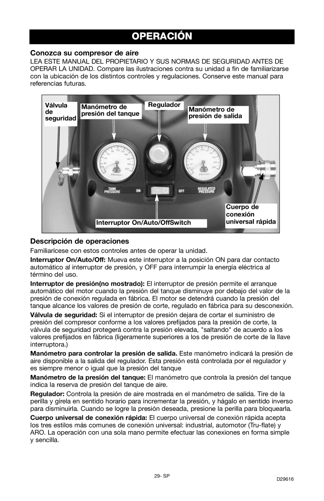 Husky D29616 manual Operación, Conozca su compresor de aire, Descripción de operaciones 