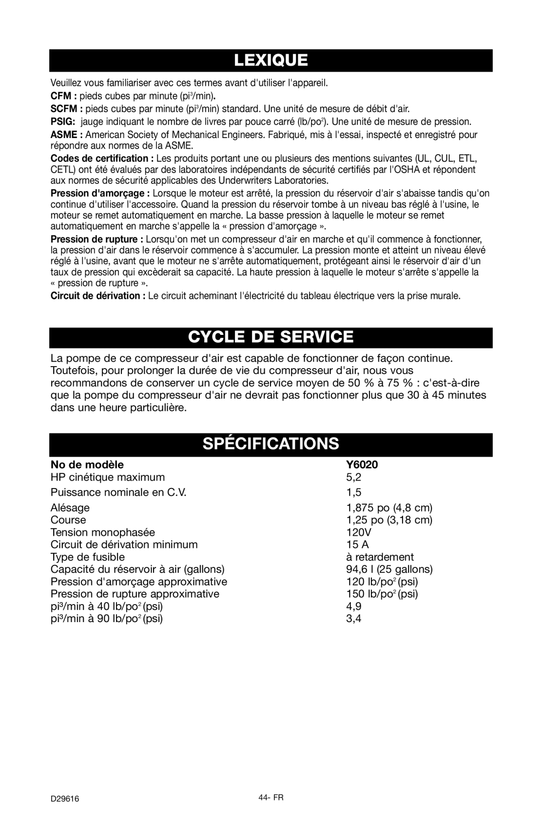 Husky D29616 manual Lexique, Cycle DE Service, Spécifications, No de modèle Y6020 