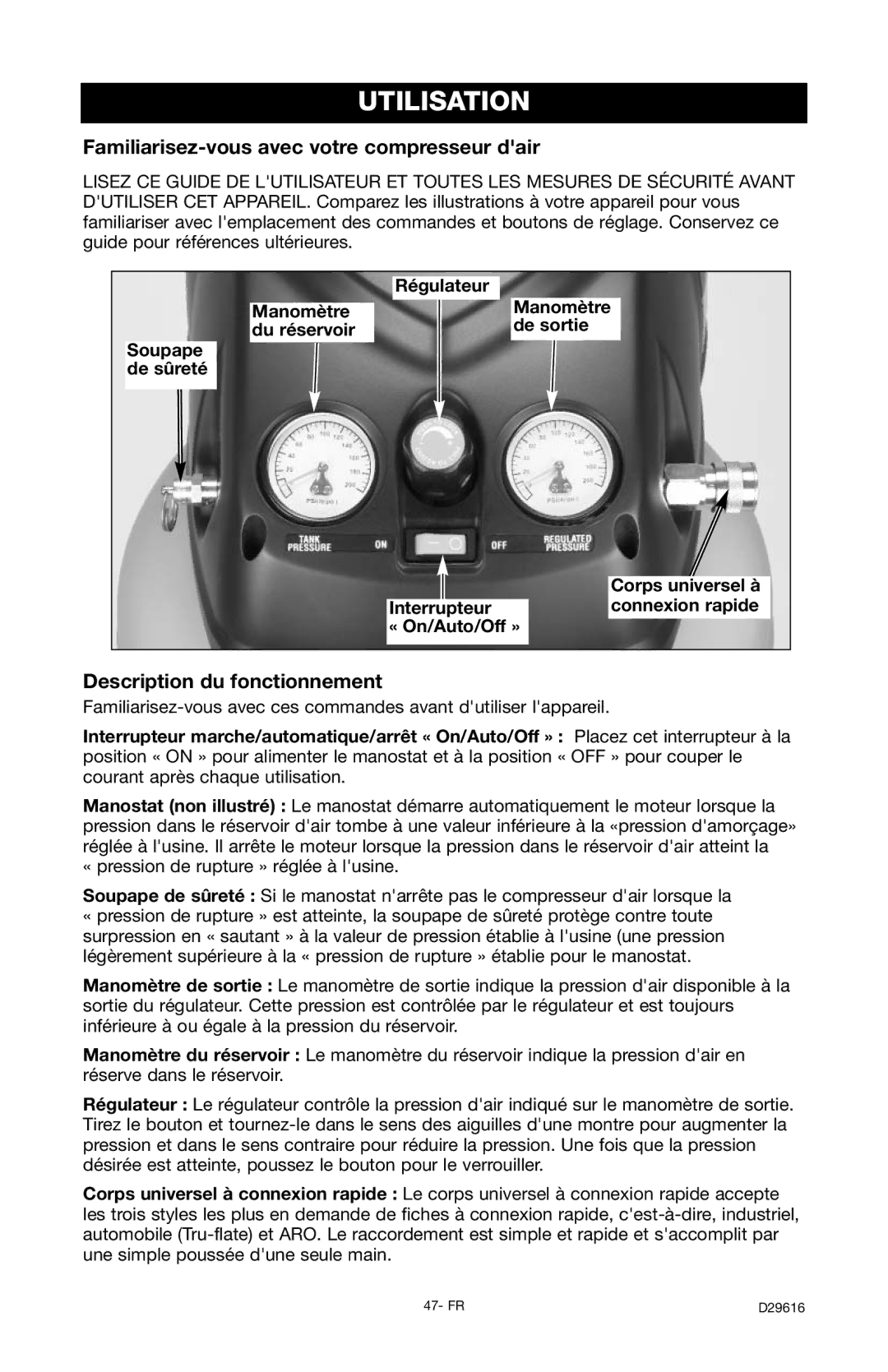 Husky D29616 manual Utilisation, Familiarisez-vous avec votre compresseur dair, Description du fonctionnement 