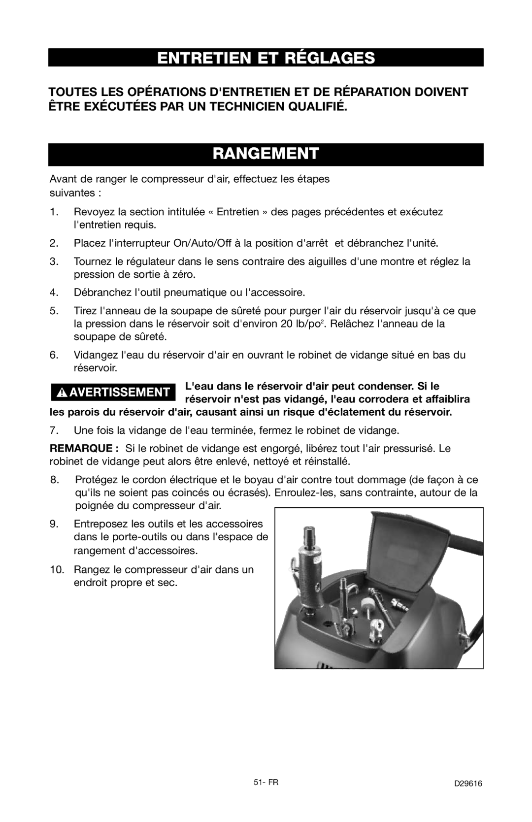 Husky D29616 manual Entretien ET Réglages, Rangement 