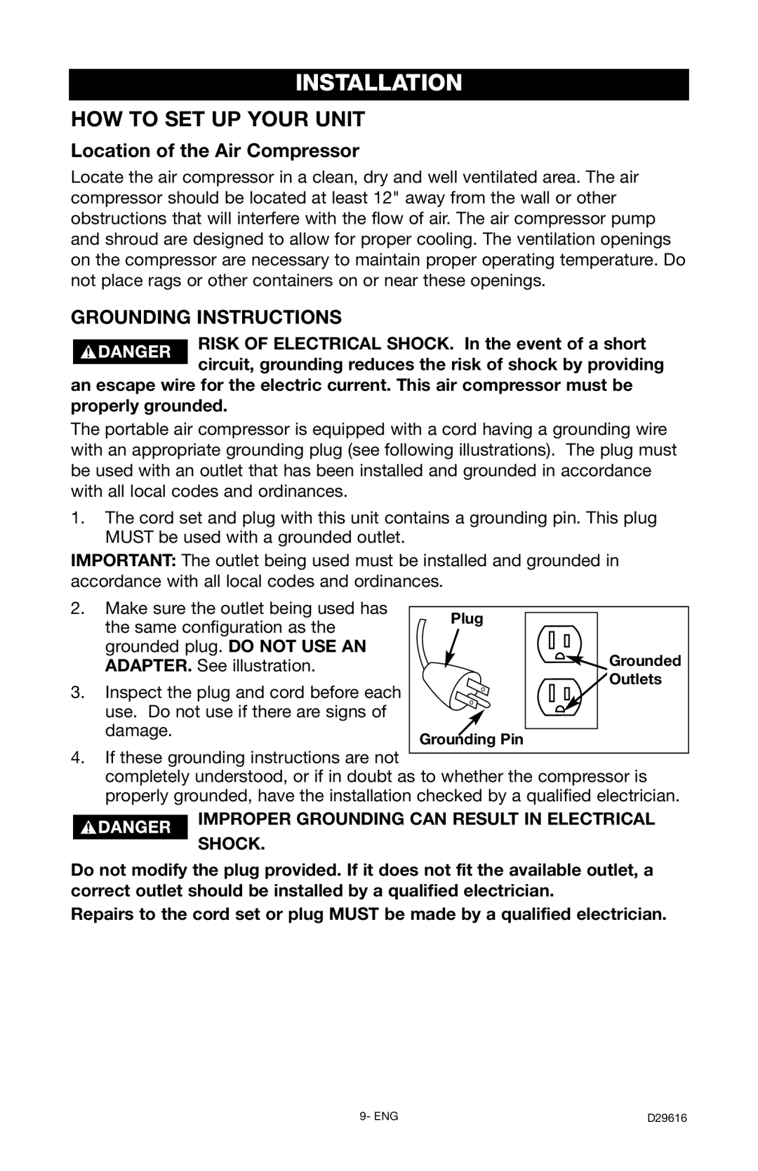 Husky D29616 manual Installation, Location of the Air Compressor, Plug, Outlets, Grounding Pin 