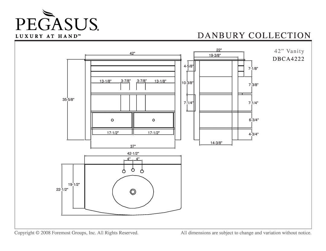 Husky DBCM3933, DBCT1757 dimensions Danbury Collection, 42” Vanity, DBCA4222 