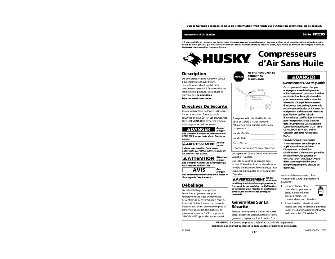 Husky operating instructions Directives De Sécurité, Déballage, Généralités Sur La Sécurité, Série FP2205 