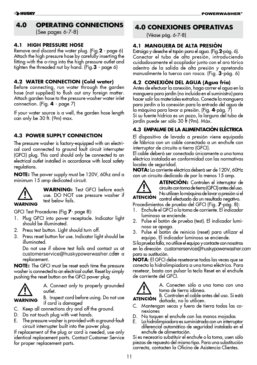 Husky H1600 warranty Operating Connections, Conexiones Operativas, High Pressure Hose, Power Supply Connection 