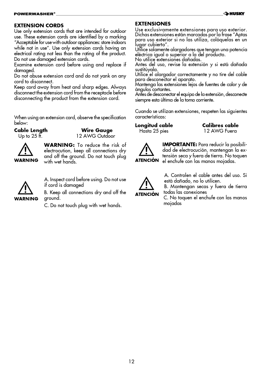 Husky H1600 warranty Extension Cords, Wire Gauge, AWG Outdoor, Extensiones, Longitud cable 