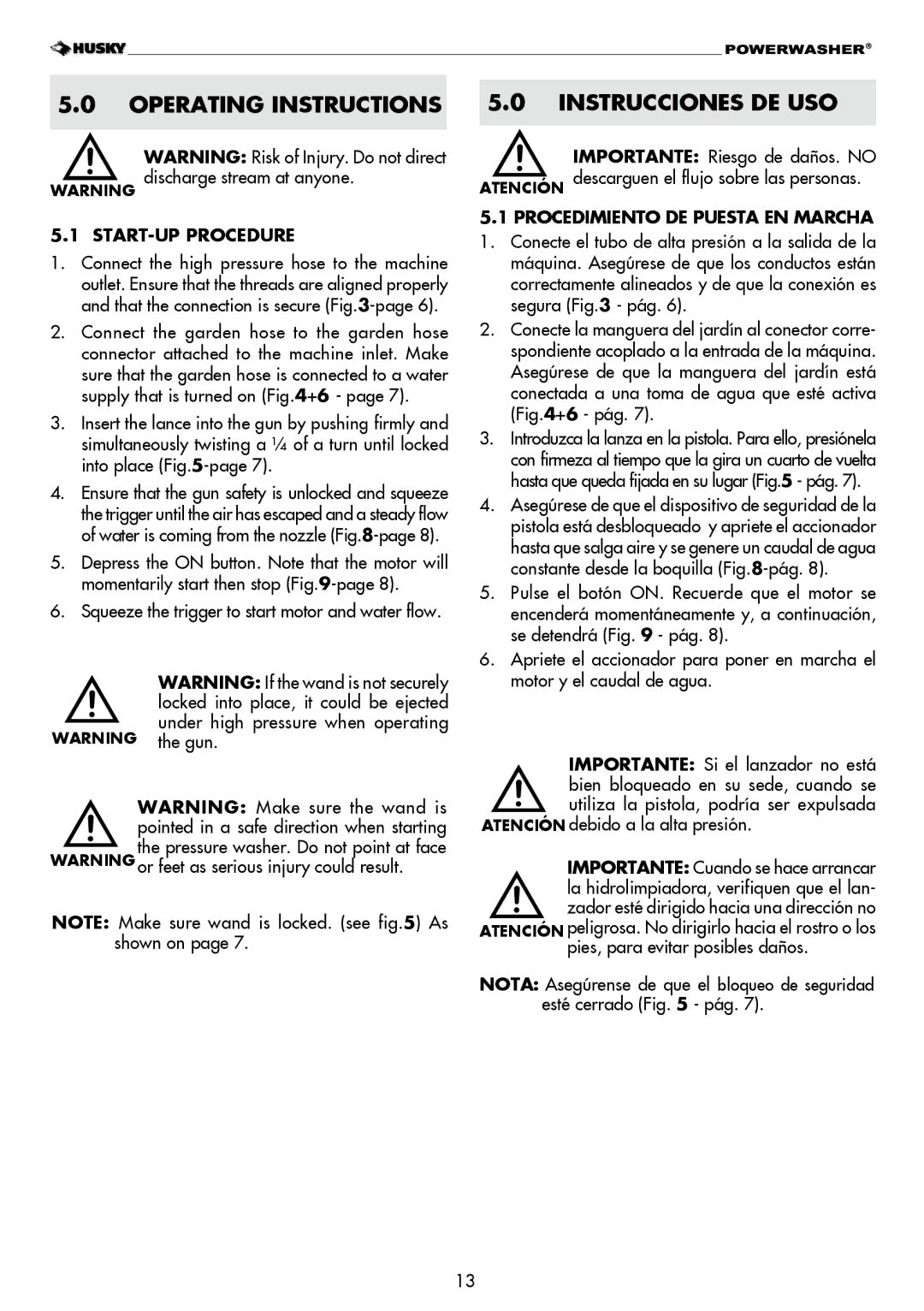 Husky H1600 warranty Operating Instructions, Instrucciones DE USO, START-UP Procedure, Procedimiento DE Puesta EN Marcha 