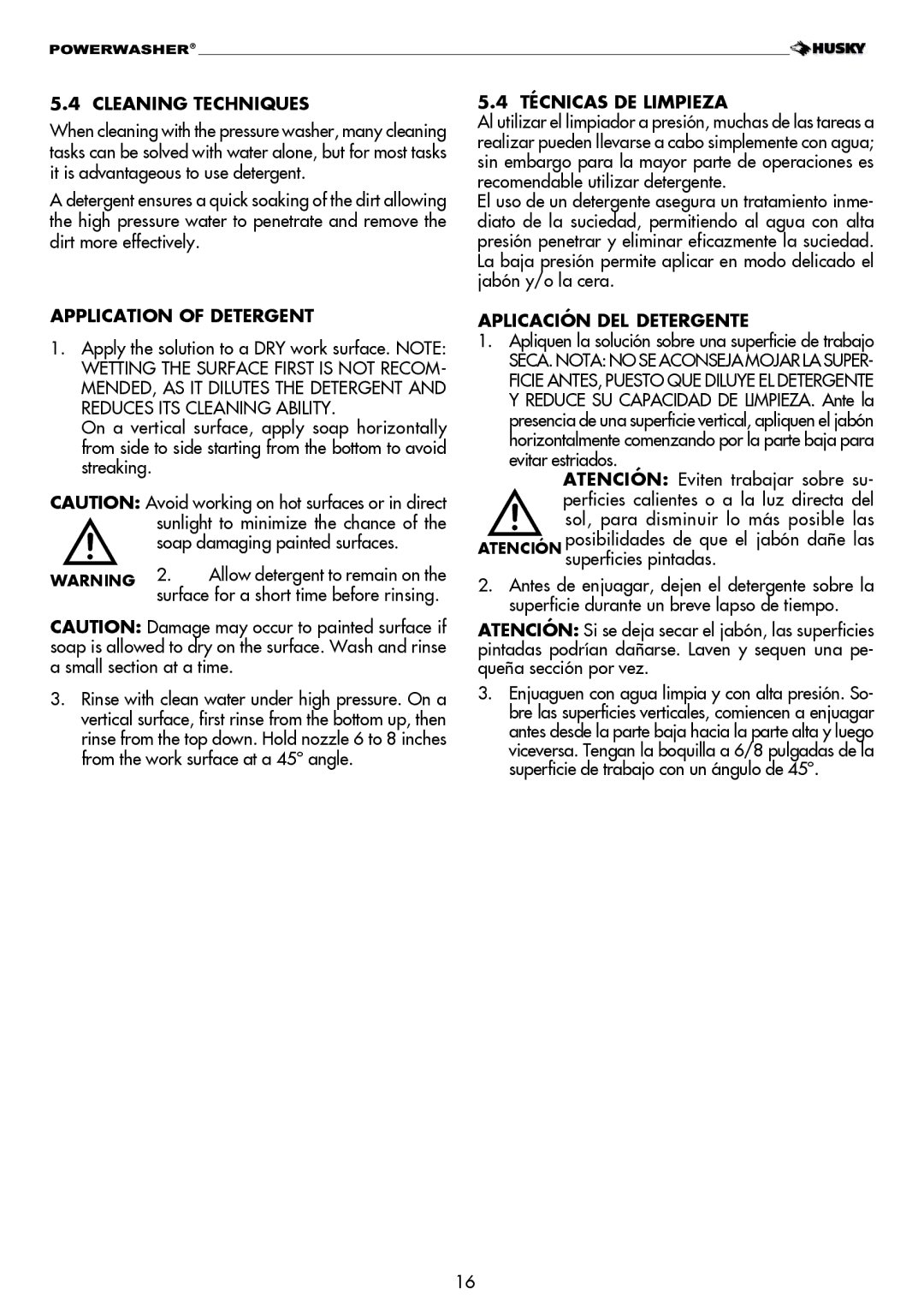 Husky H1600 warranty Cleaning Techniques, Application of Detergent, Técnicas DE Limpieza, Aplicación DEL Detergente 