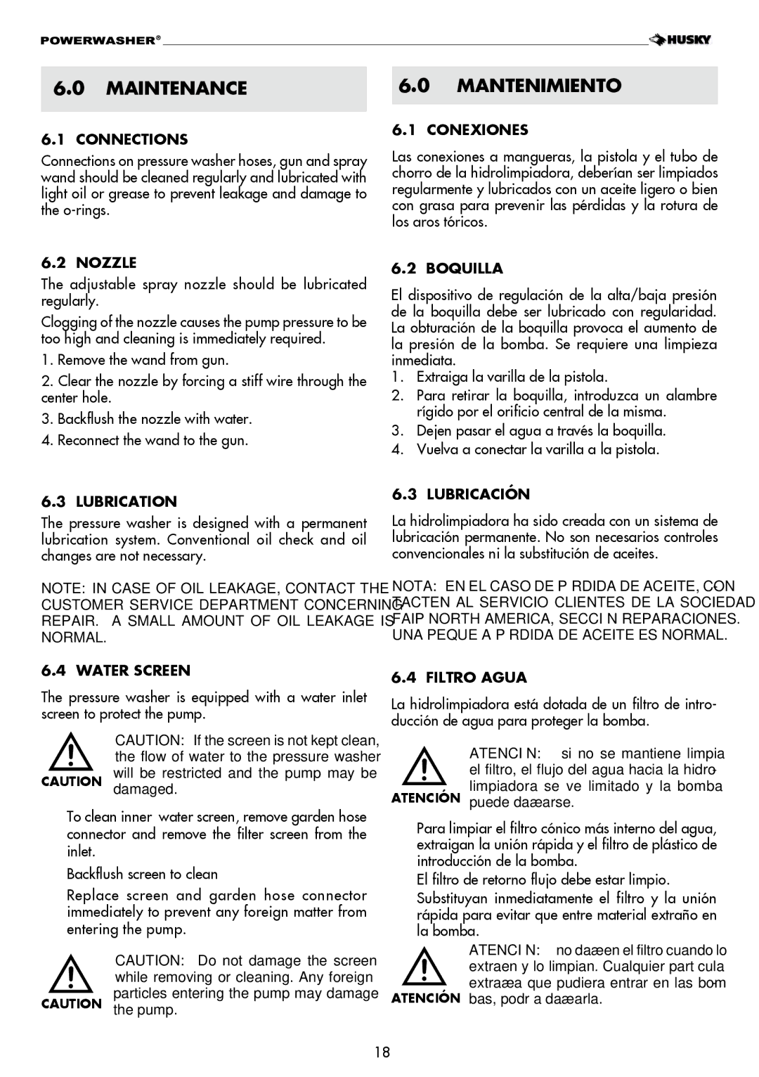 Husky H1600 warranty Maintenance Mantenimiento 