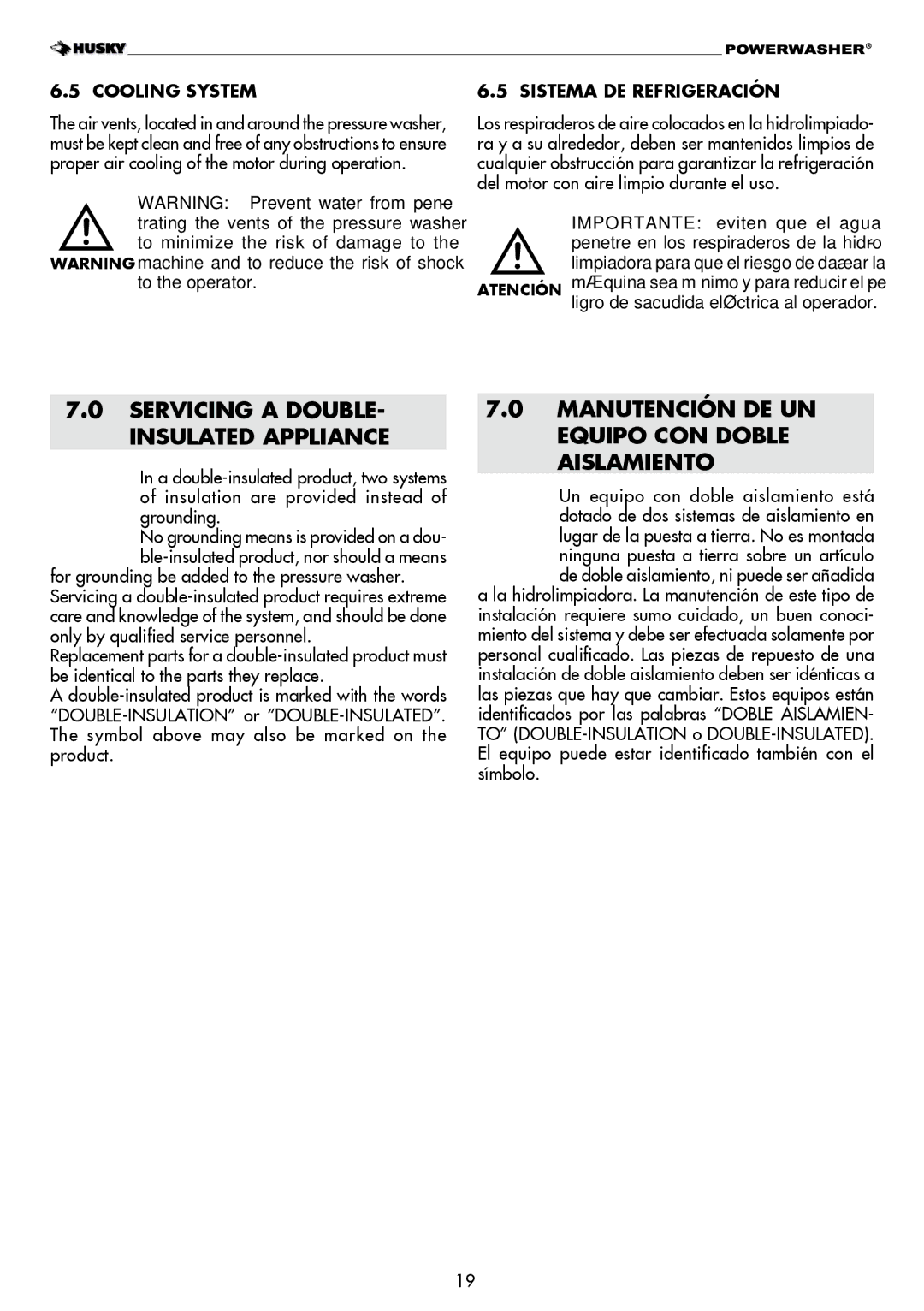 Husky H1600 Servicing a DOUBLE- Insulated Appliance, Manutención DE UN Equipo CON Doble Aislamiento, Cooling System 