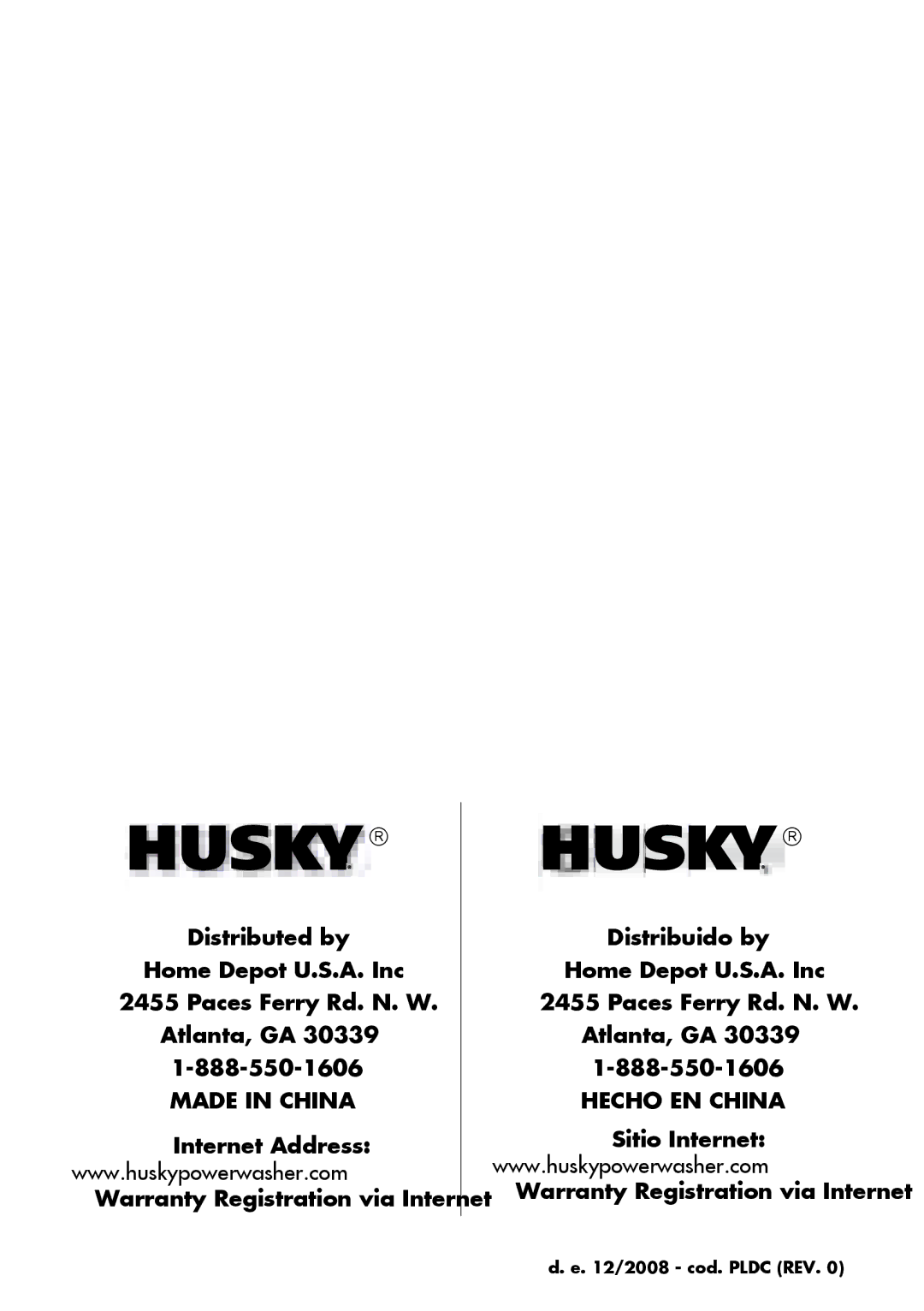 Husky H1600 warranty Hecho EN China 