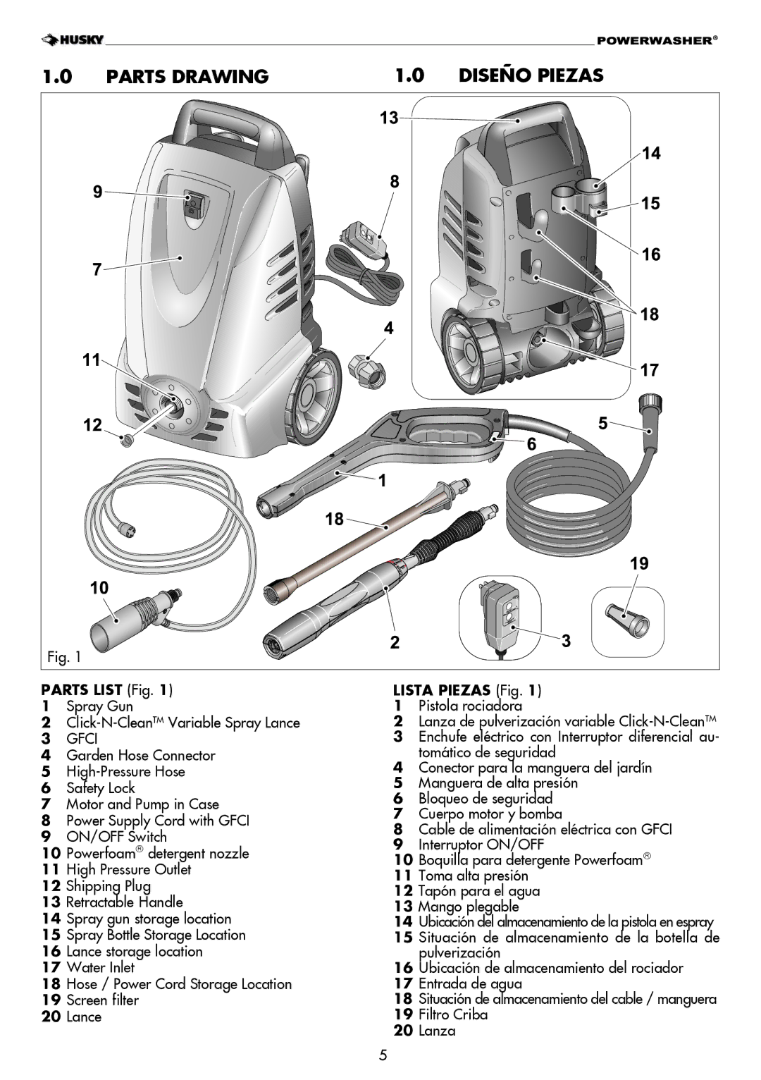 Husky H1600 Parts Drawing Diseño Piezas, Parts List Fig, Spray Gun Click-N-CleanTMVariable Spray Lance, Lista Piezas Fig 