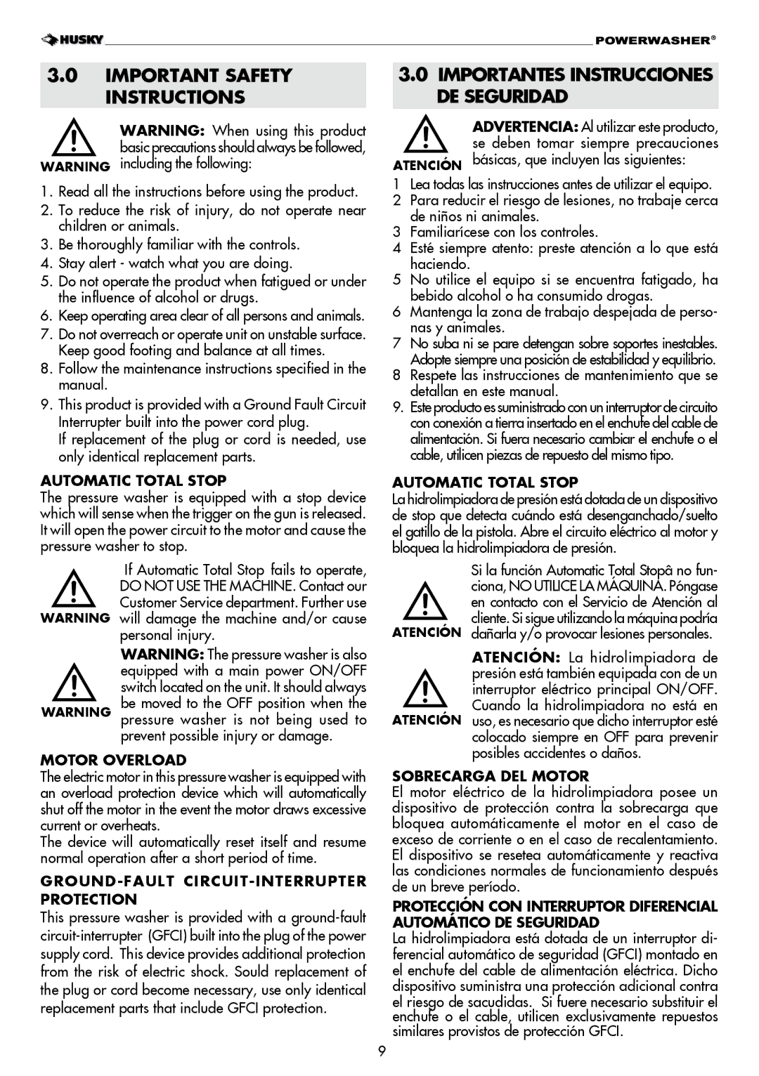 Husky H1600 warranty Important Safety Instructions, Importantes Instrucciones DE Seguridad 