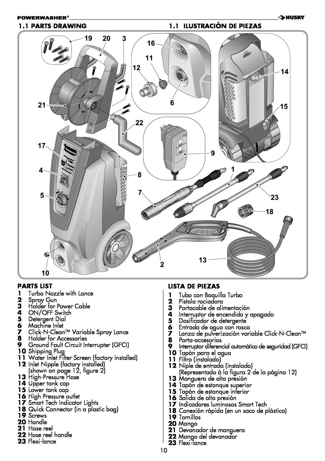 Husky H2000 warranty Parts Drawing Parts List, ilustración DE PIEZAS LISTA DE PIEZAS 
