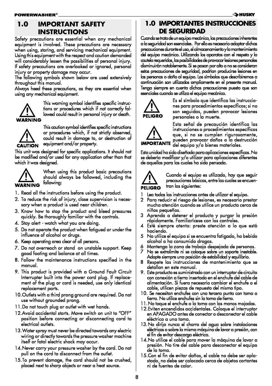 Husky H2000 warranty Important Safety Instructions, Importantes Instrucciones De Seguridad 