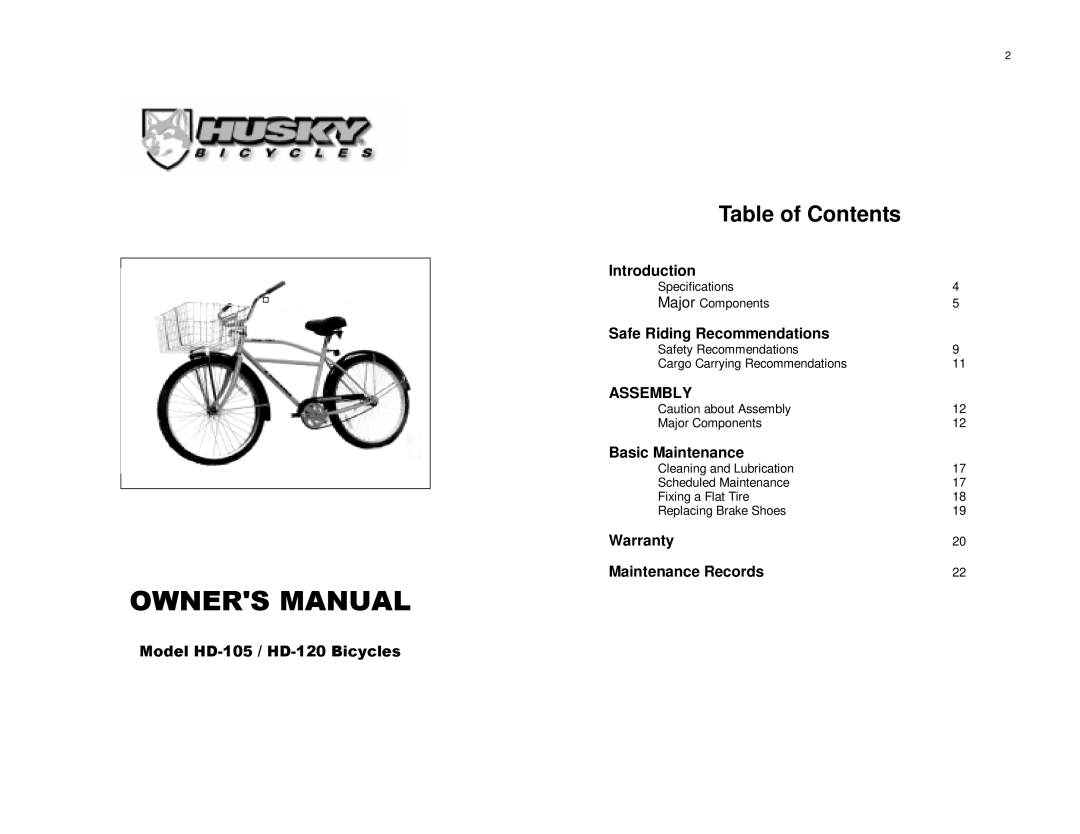 Husky HD-120 specifications OWNERSModelHD-105/HDMANUAL-120Bicycles 