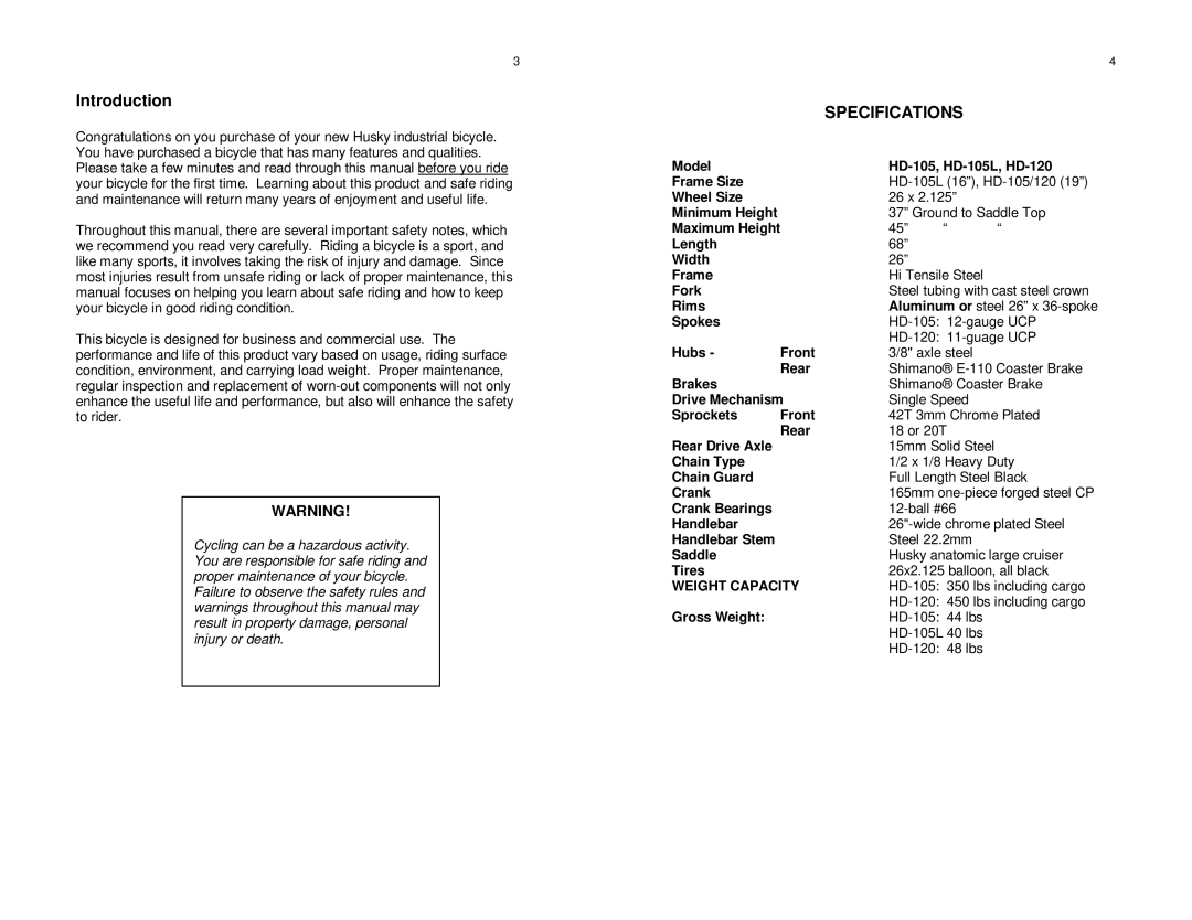 Husky HD-120, HD-105 specifications Specifications, Weight Capacity 