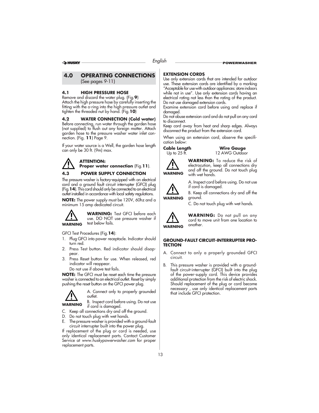 Husky HD1500 warranty Operating Connections, High Pressure Hose, Extension Cords, Power Supply Connection 