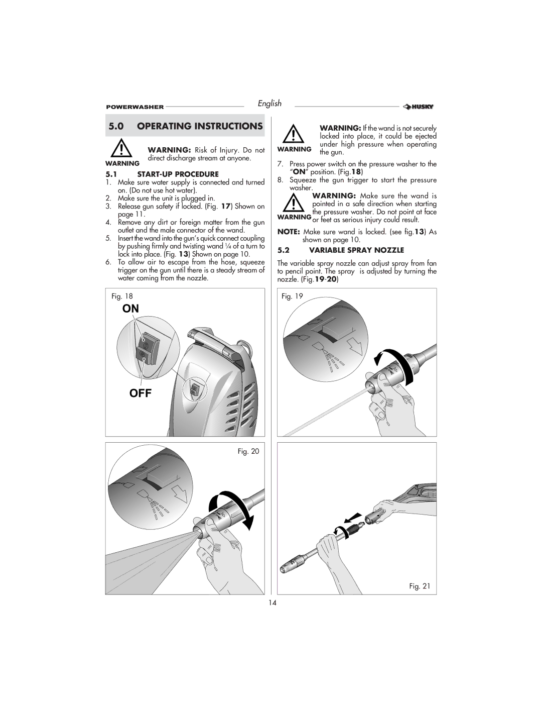 Husky HD1500 warranty Operating Instructions, START-UP Procedure, Variable Spray Nozzle 