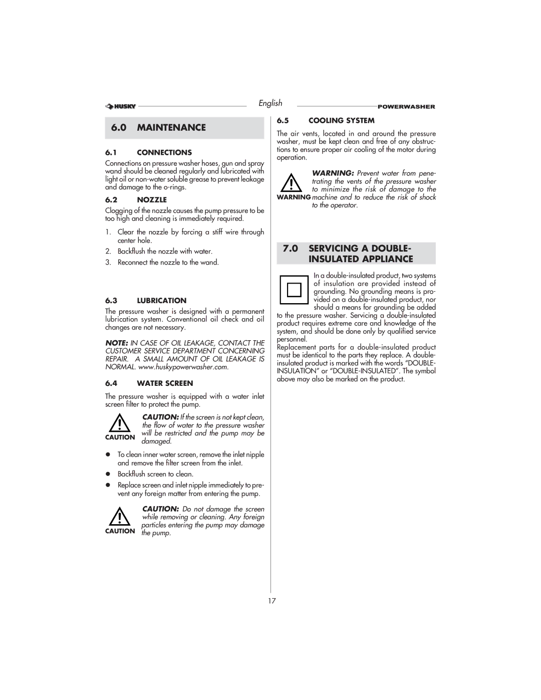 Husky HD1500 warranty Maintenance, Servicing a DOUBLE- Insulated Appliance 