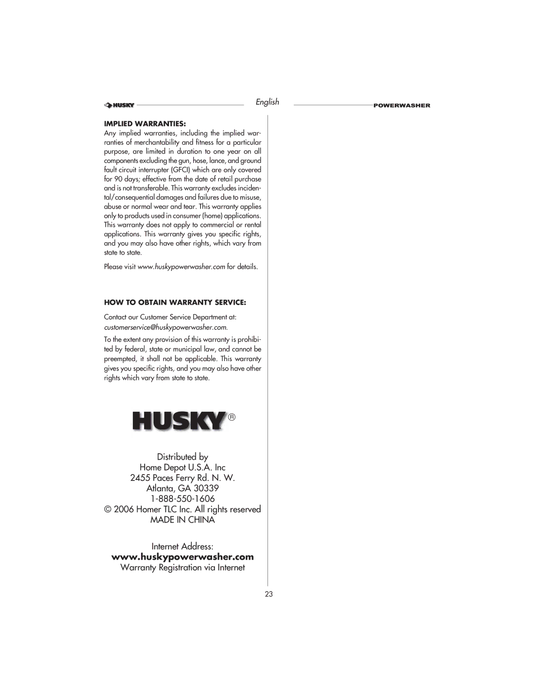 Husky HD1500 warranty Implied Warranties, HOW to Obtain Warranty Service 