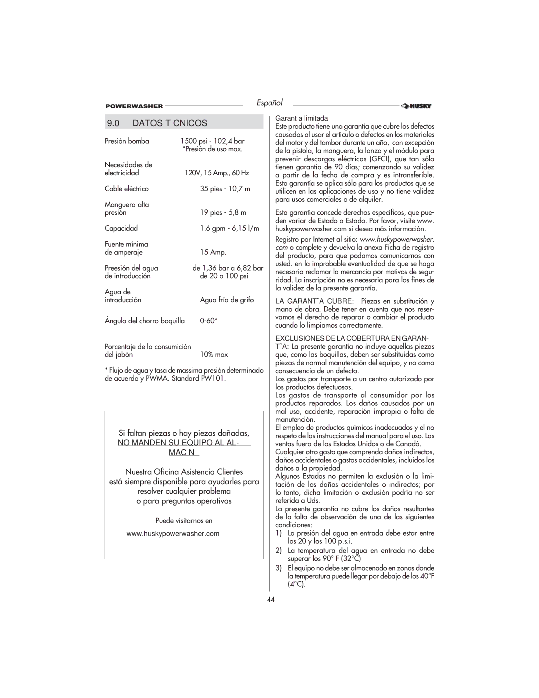 Husky HD1500 warranty Datos Técnicos, Presión bomba Psi 102,4 bar, Del jabón 10% max, Garantía limitada 