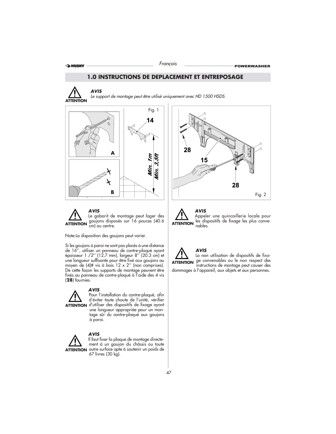 Husky HD1500 warranty Instructions DE Deplacement ET Entreposage 