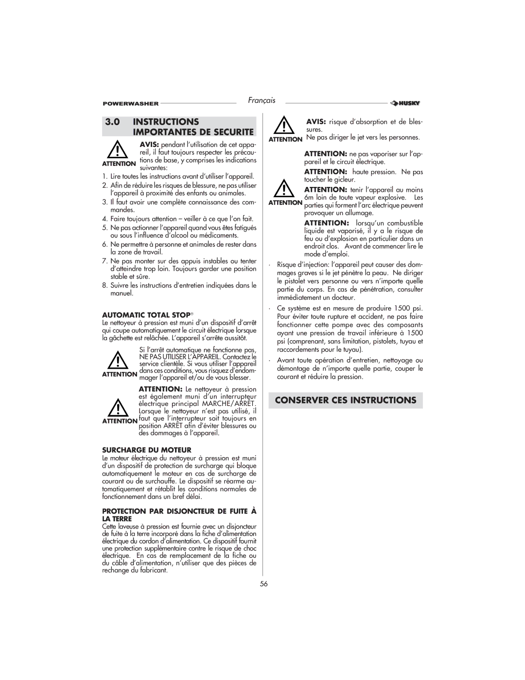 Husky HD1500 warranty Instructions Importantes DE Securite, Conserver CES Instructions, Surcharge DU Moteur 