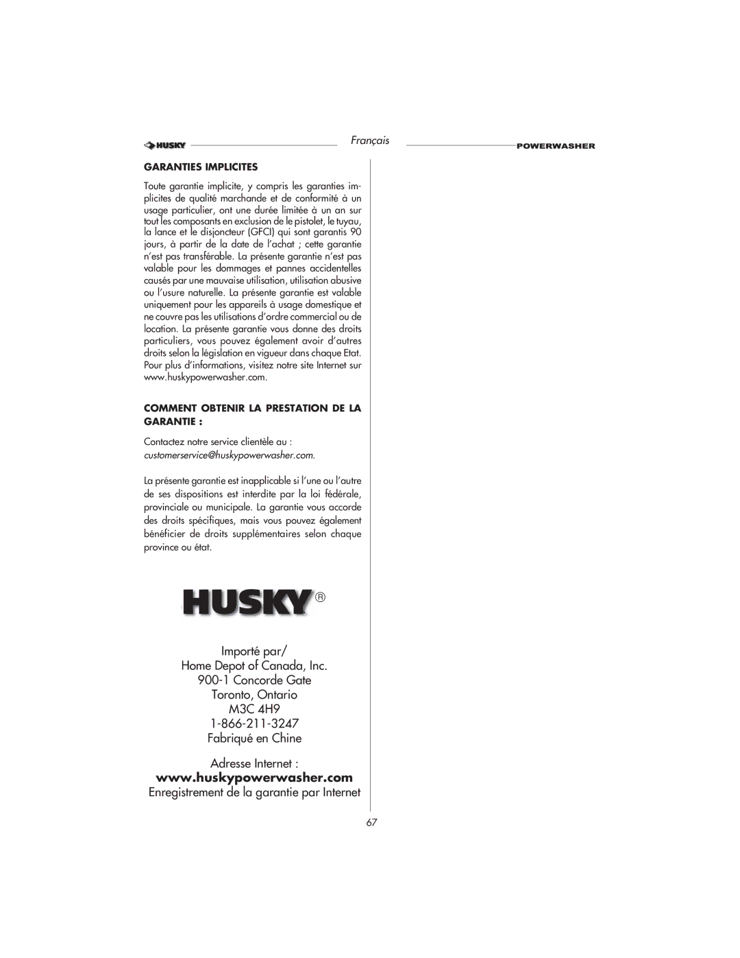 Husky HD1500 warranty Français 