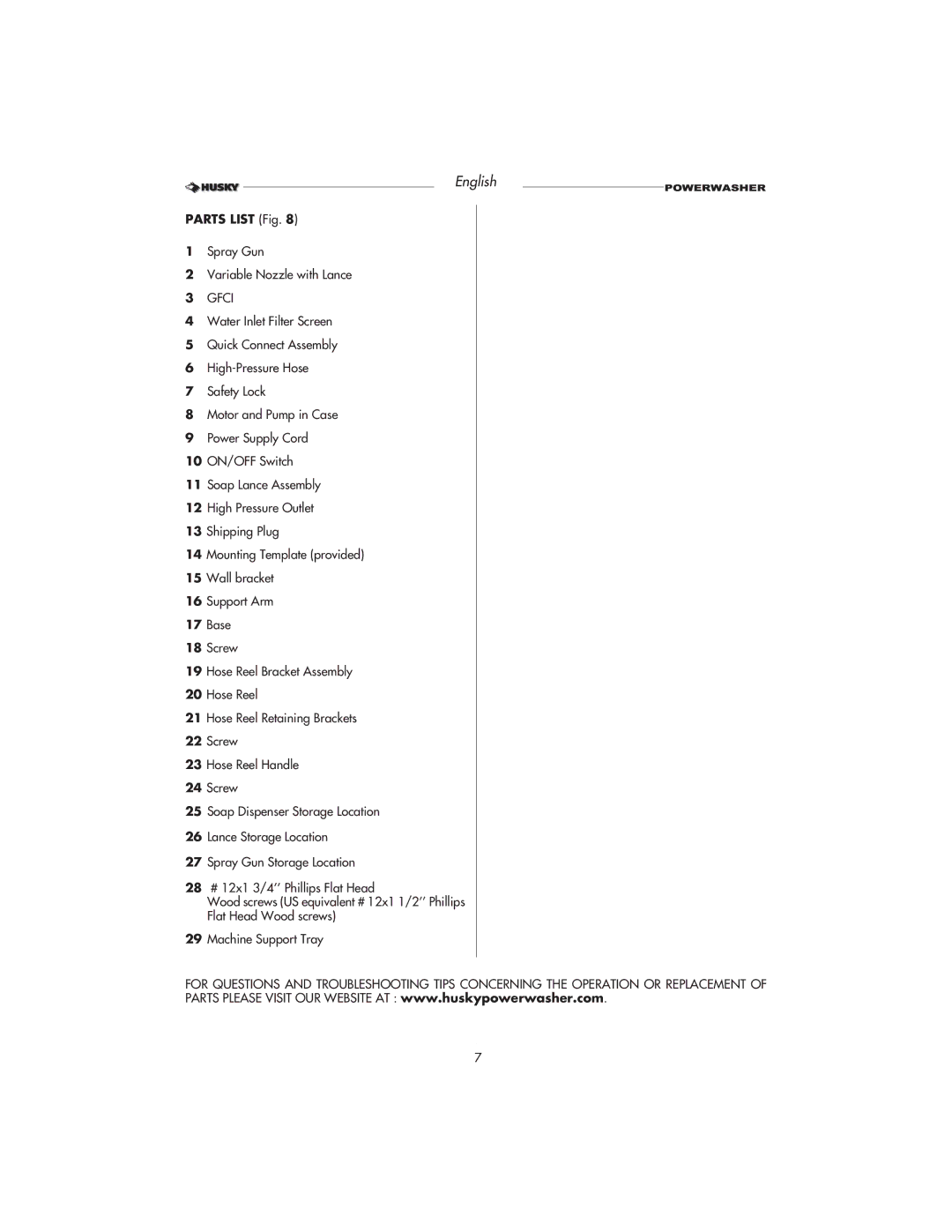 Husky HD1500 warranty Parts List Fig, Spray Gun Variable Nozzle with Lance 