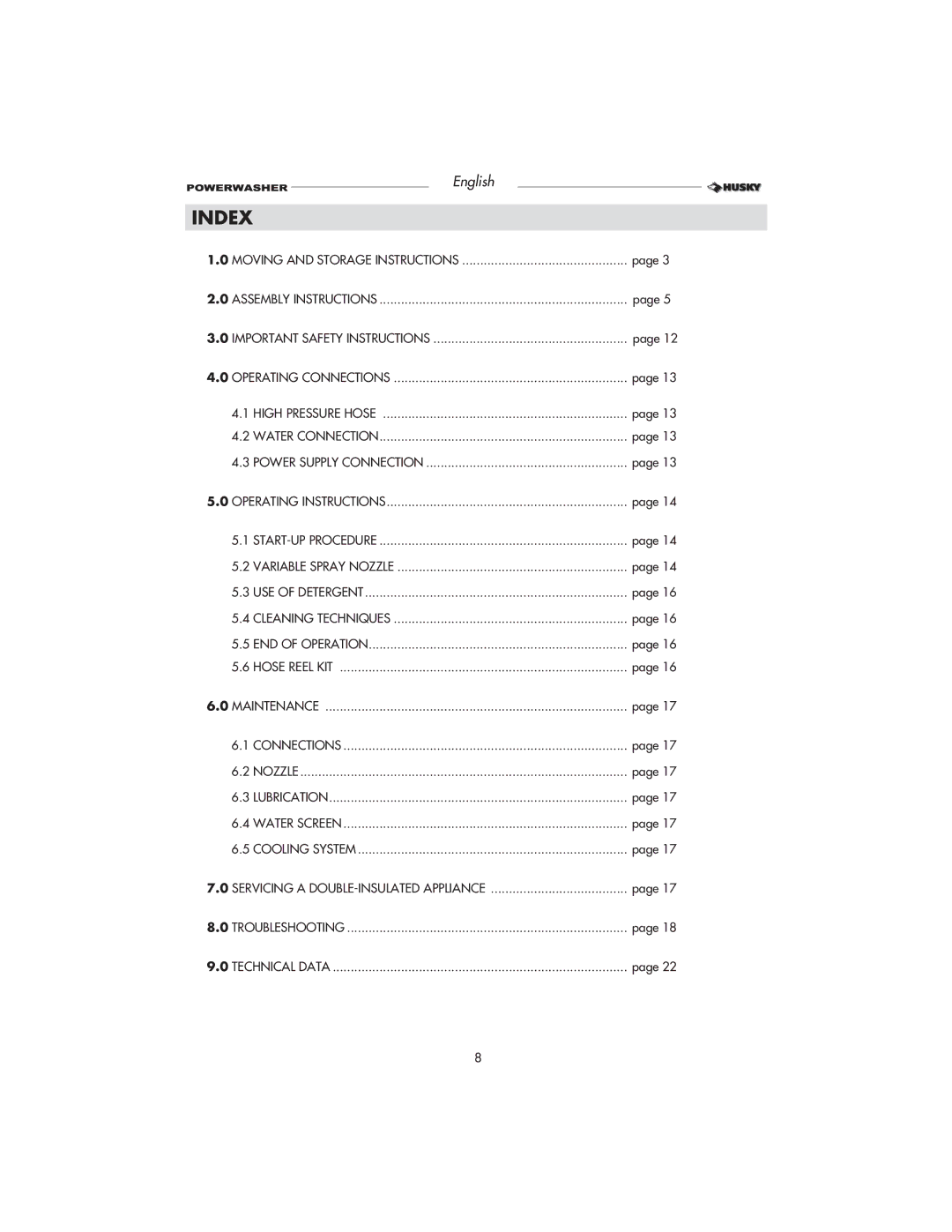 Husky HD1500 warranty Index 