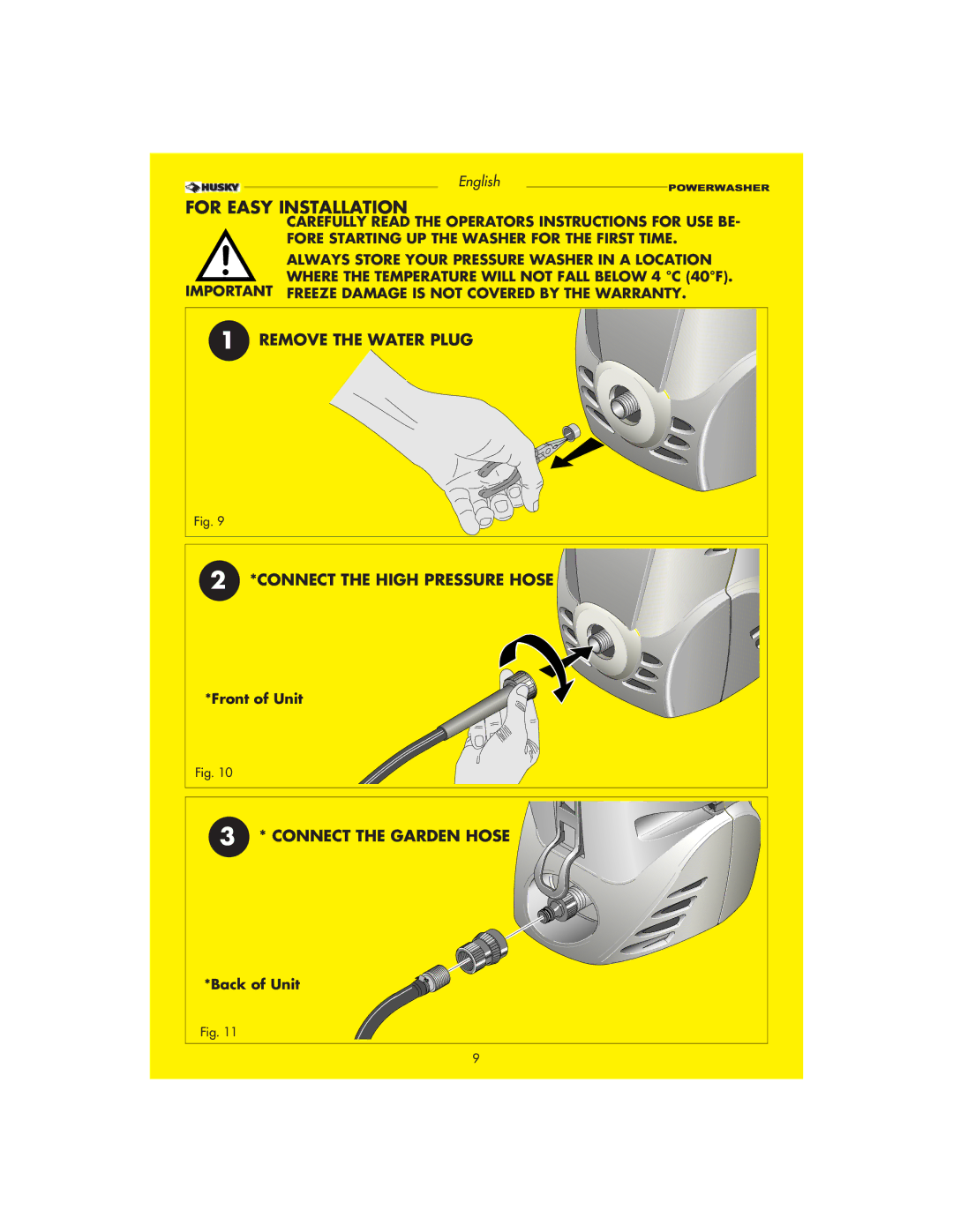 Husky HD1500 warranty Remove the Water Plug Connect the High Pressure Hose, Connect the Garden Hose 