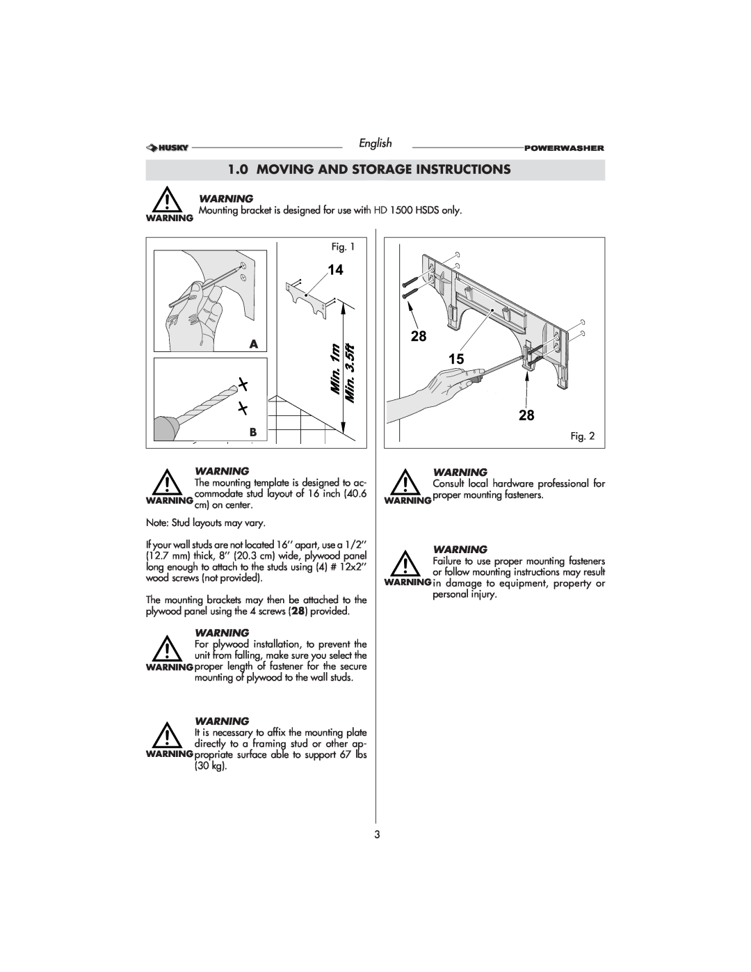 Husky HD1500 warranty Moving And Storage Instructions, English, Fig 