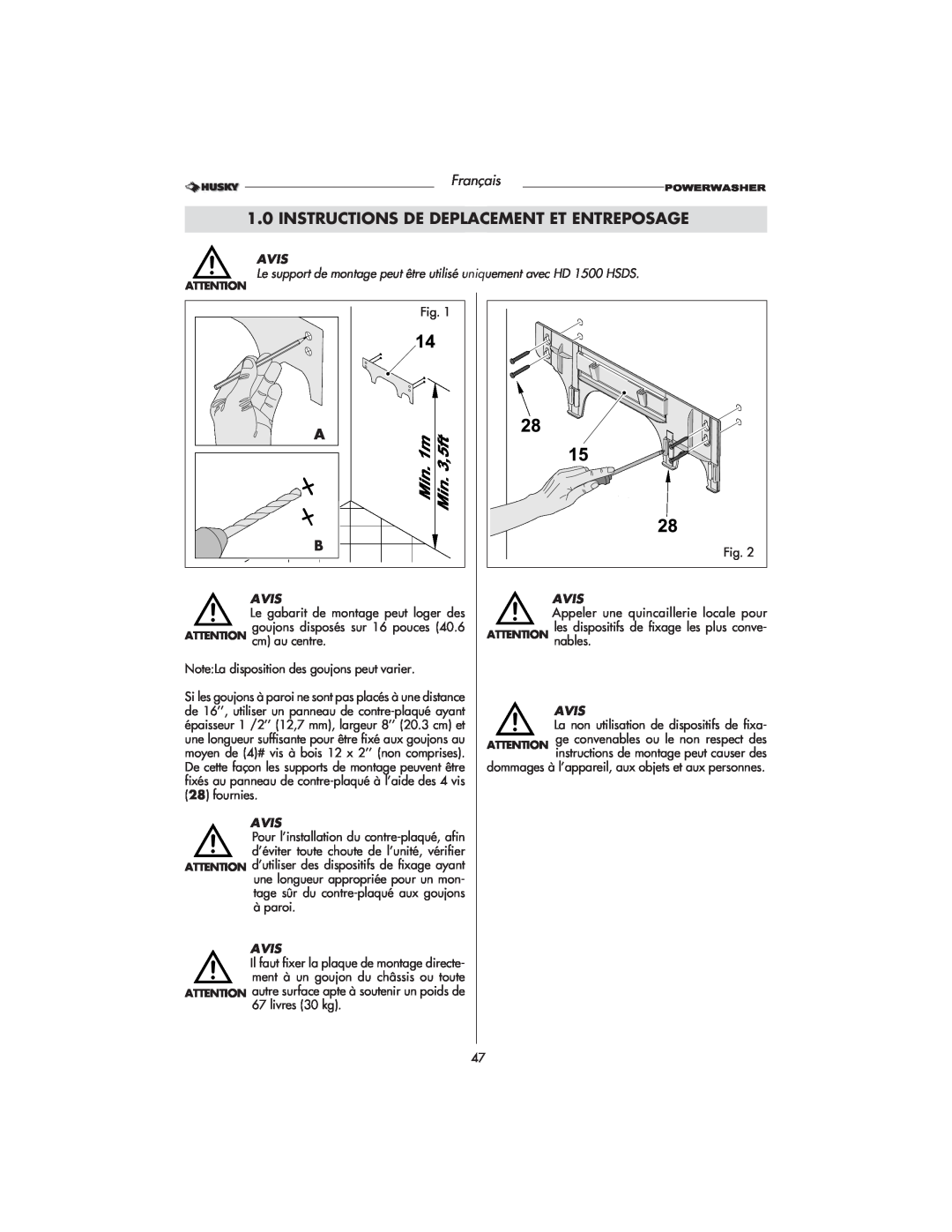 Husky HD1500 warranty Instructions De Deplacement Et Entreposage, Français, Avis, Fig 
