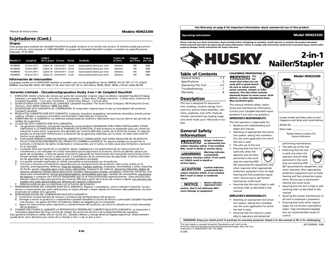 Husky specifications Sujetadores, Table of Contents, Description, General Safety Information, Model HDN23200 