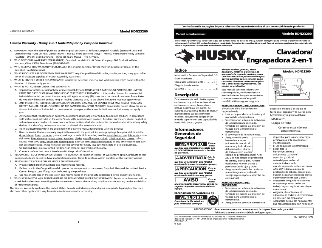 Husky HDN23200 Precaucion Ésto le, Índice, Descripción, Informaciones Generales de Seguridad, Advertencia Ésto le 