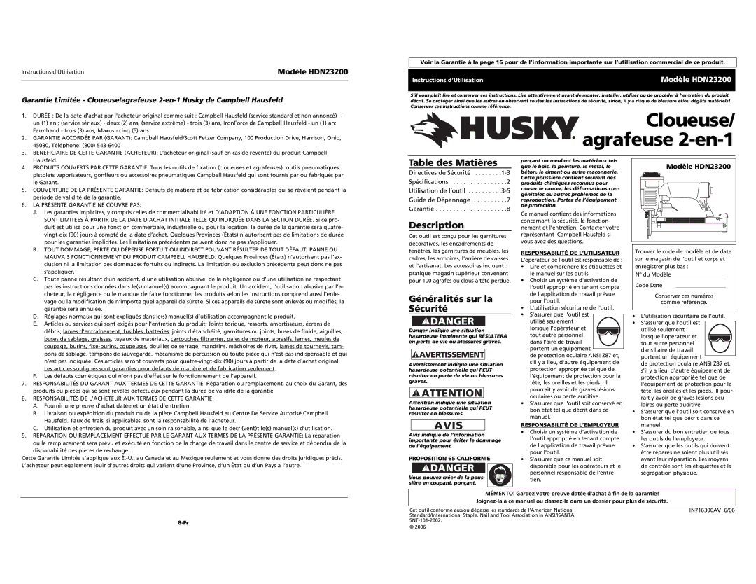 Husky specifications Table des Matières, Généralités sur la Sécurité, Modèle HDN23200 