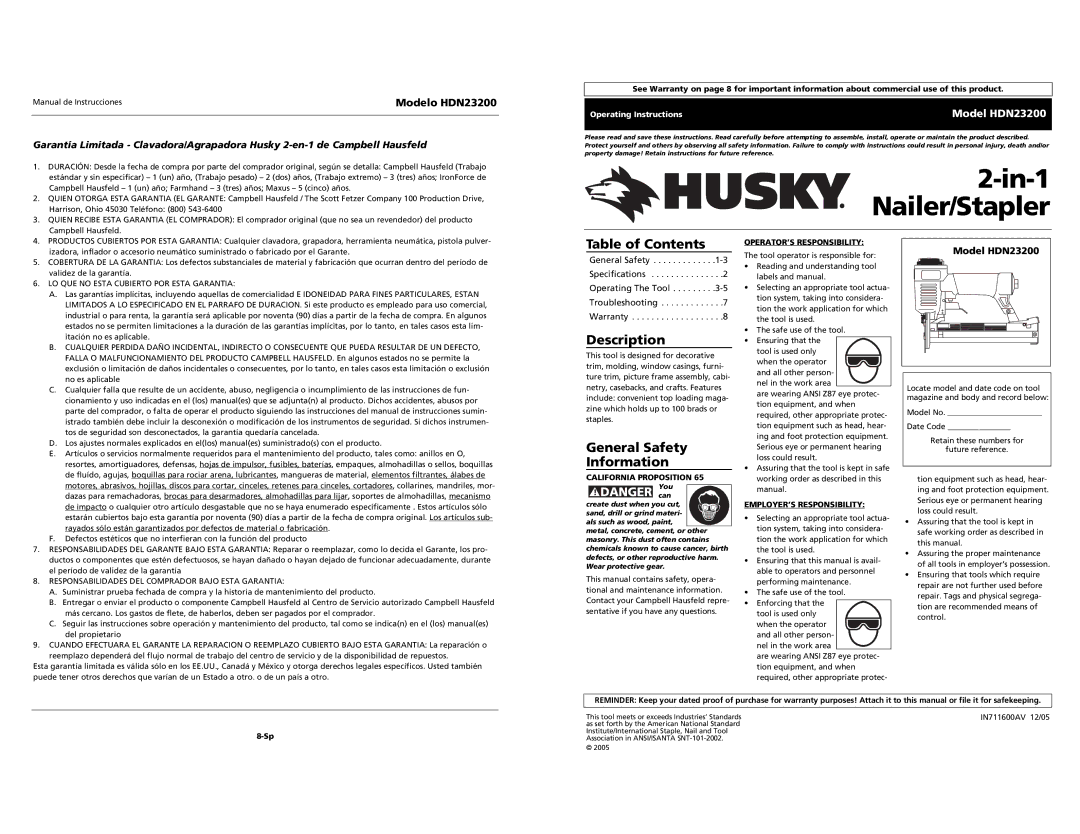 Husky specifications Table of Contents, Description, General Safety Information, Model HDN23200 