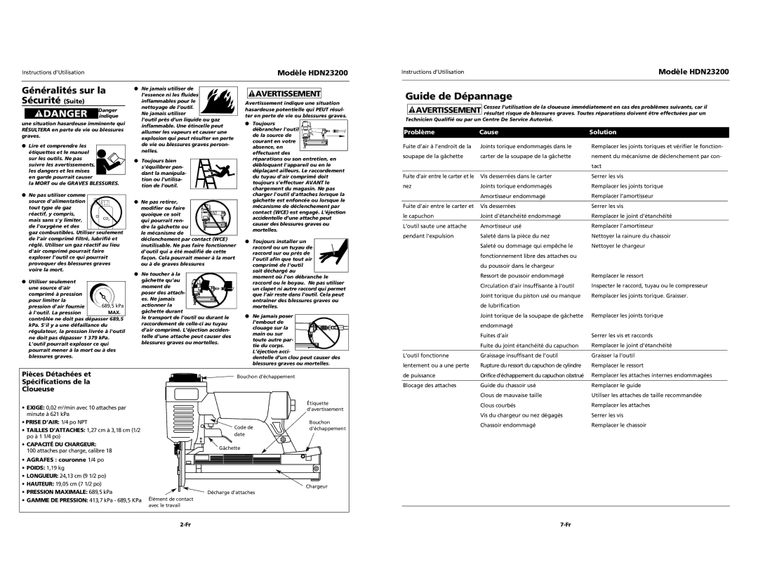 Husky HDN23200 Guide de Dépannage, Généralités sur la Sécurité Suite, Pièces Détachées et, Spécifications de la Cloueuse 