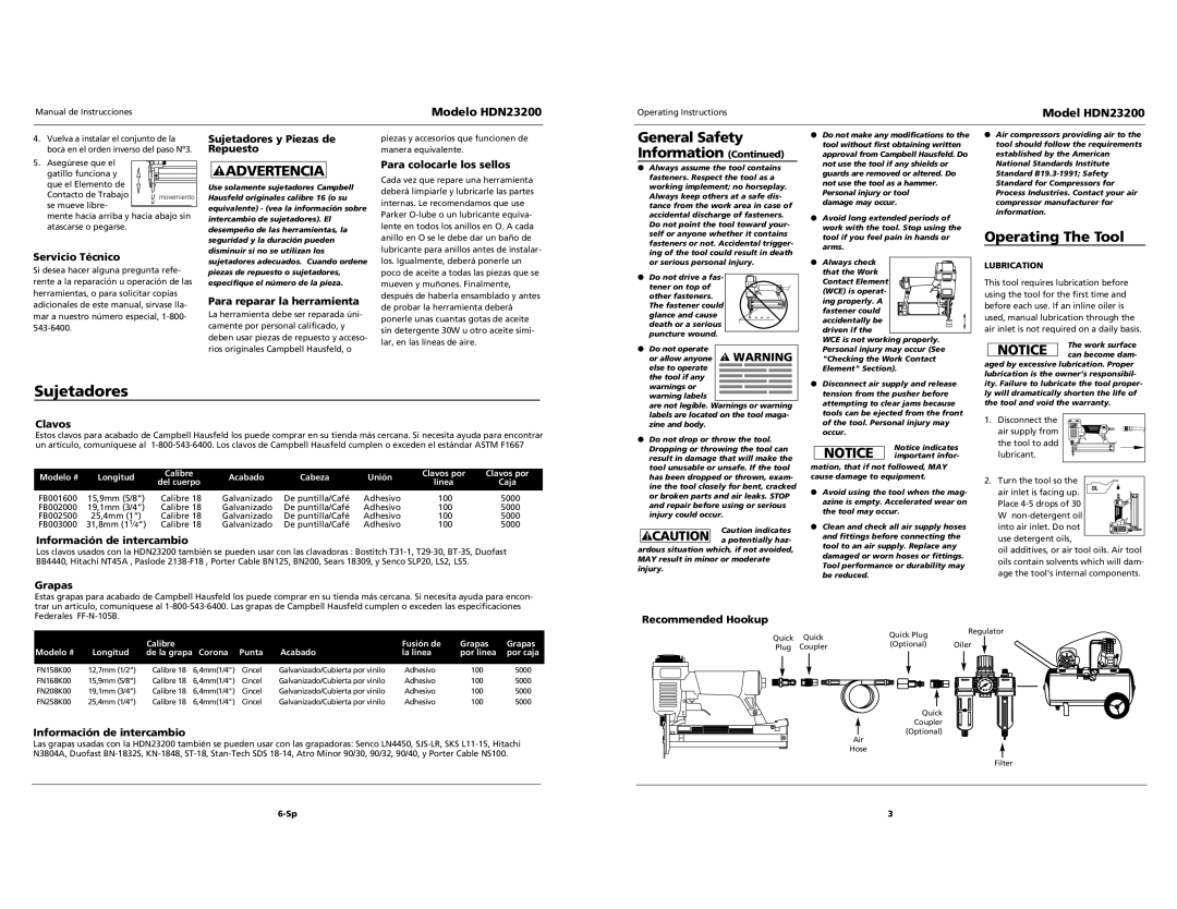 Husky HDN23200 specifications Sujetadores, Operating The Tool 