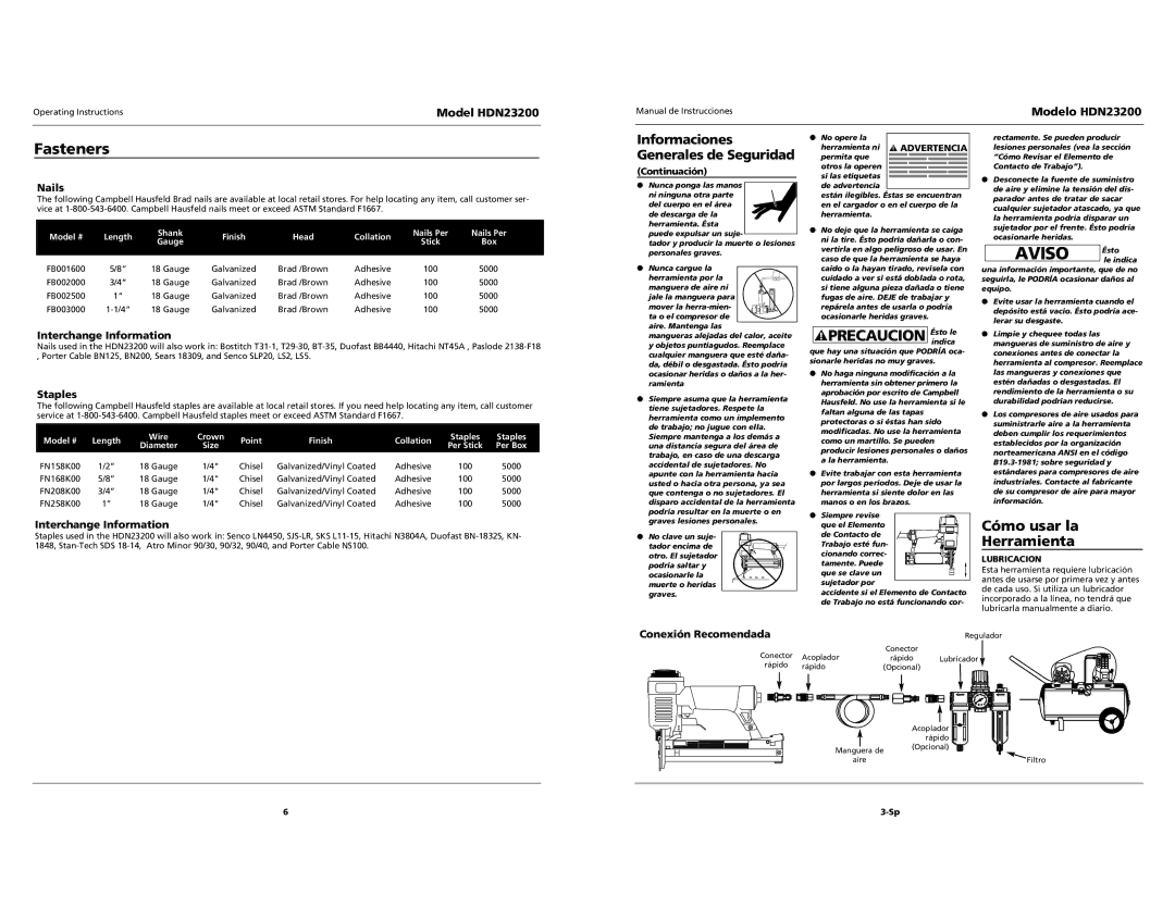 Husky HDN23200 specifications Fasteners, Nails, Interchange Information, Staples, Conexión Recomendada 