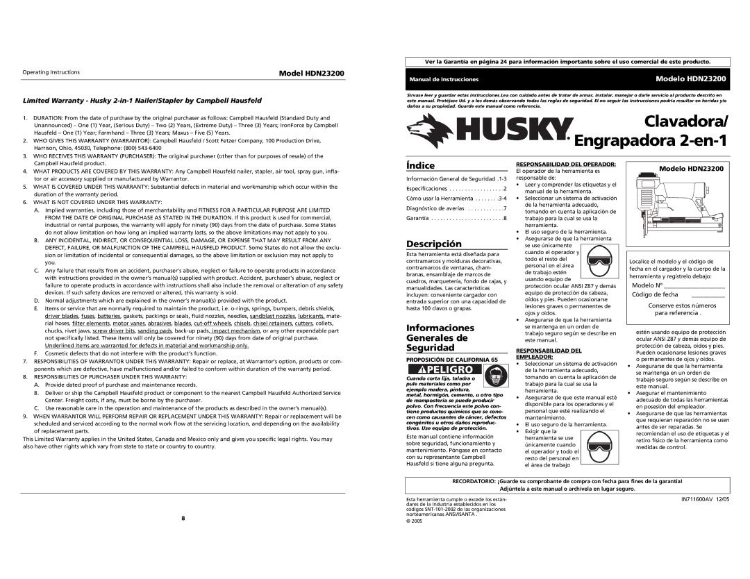 Husky specifications Índice, Descripción, Informaciones Generales de Seguridad, Modelo HDN23200 