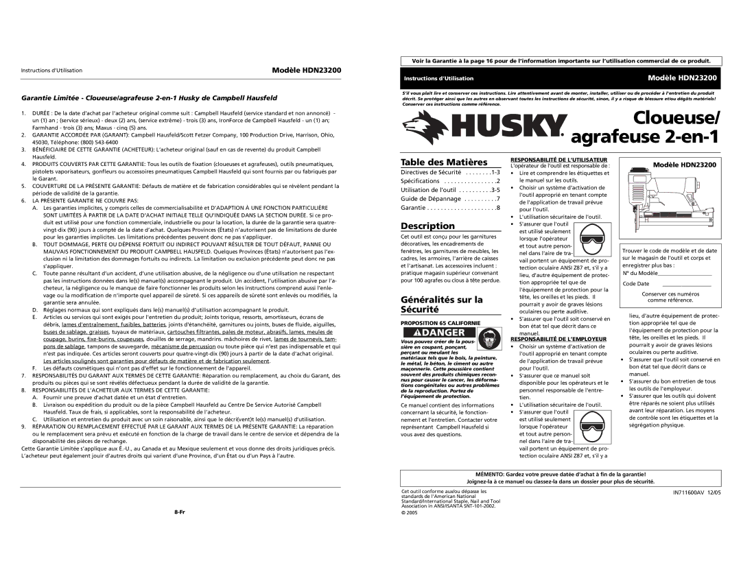 Husky specifications Table des Matières, Généralités sur la Sécurité, Modèle HDN23200 