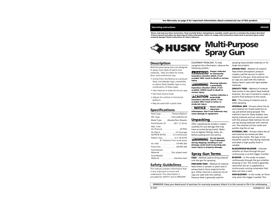 Husky HDS420 specifications Description, Specifications, Safety Guidelines, Unpacking, Spray Gun Terms 