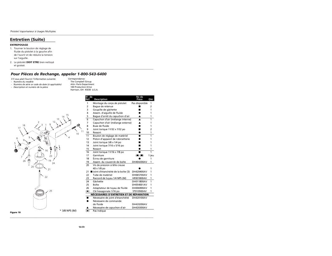 Husky HDS420 Entretien Suite, Entreposage, No. de No de Réf Description, Qté, Nécessaires D’ENTRETIEN ET DE Réparation 