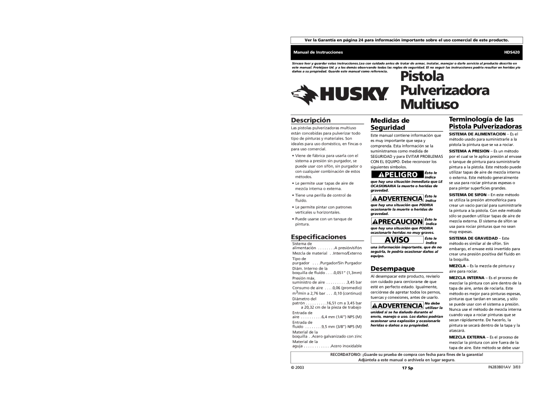 Husky HDS420 Descripción, Medidas de Seguridad, Terminología de las Pistola Pulverizadoras, Especificaciones, Desempaque 