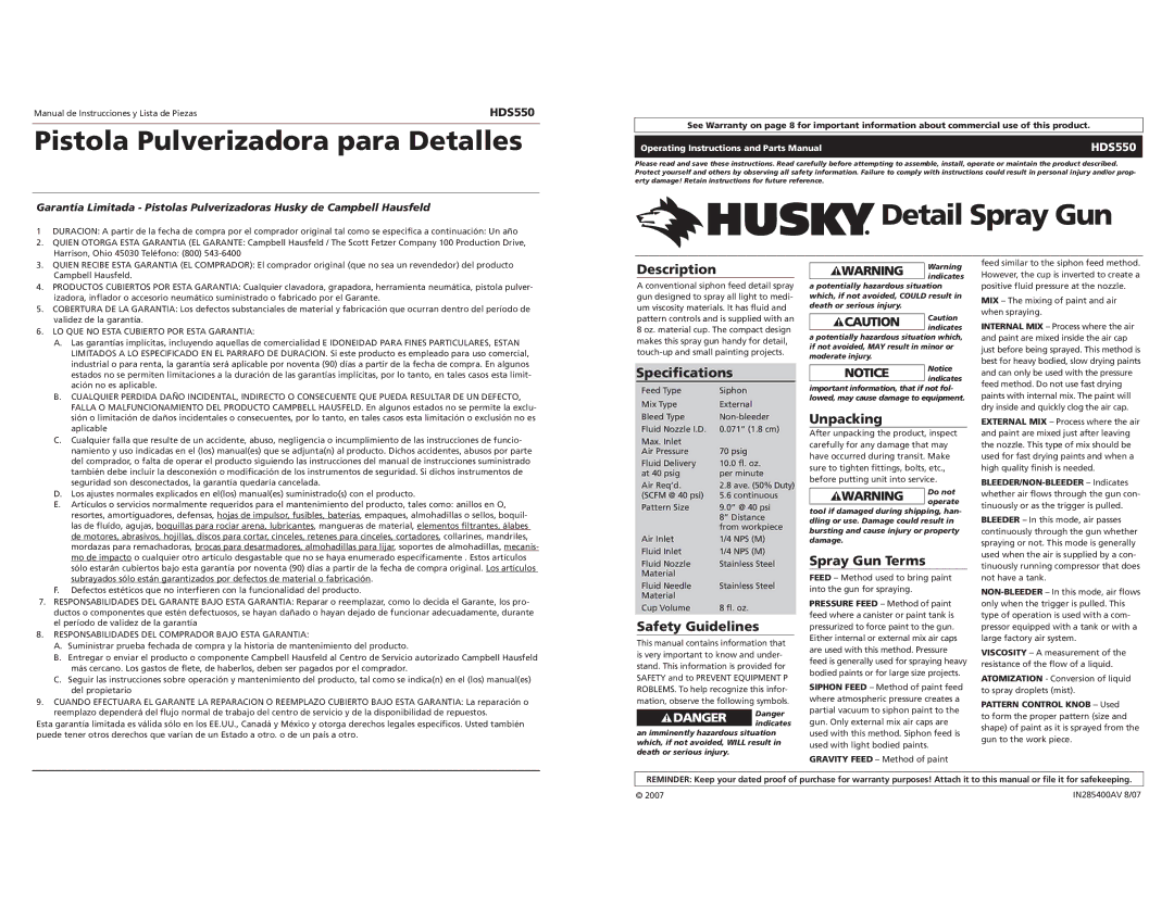 Husky HDS550 specifications Description, Specifications, Safety Guidelines, Unpacking, Spray Gun Terms 