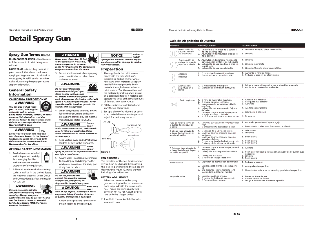 Husky General Safety Information, Preparation, HDS550 Guía de Diagnóstico de Averías, FAN Direction, Pattern Adjustment 