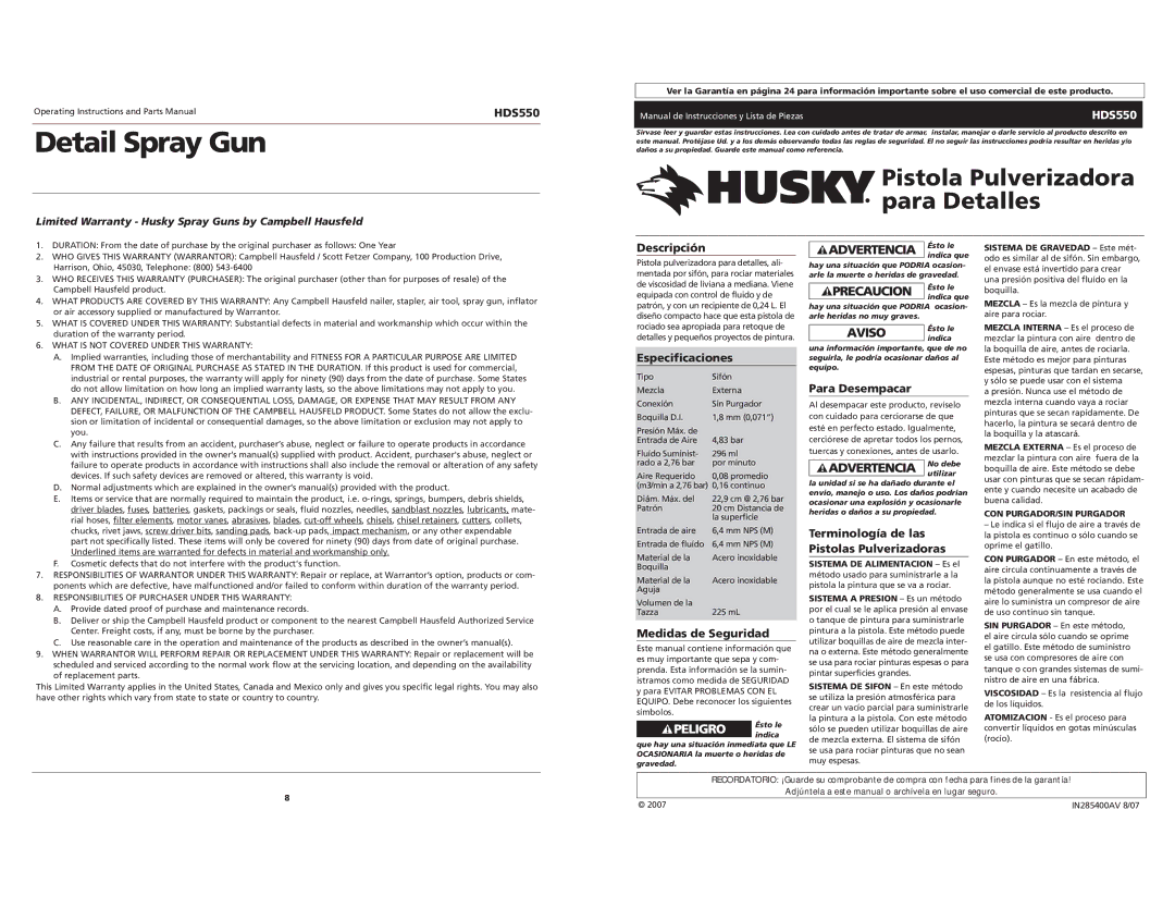 Husky HDS550 specifications Descripción, Especificaciones, Medidas de Seguridad, Para Desempacar 